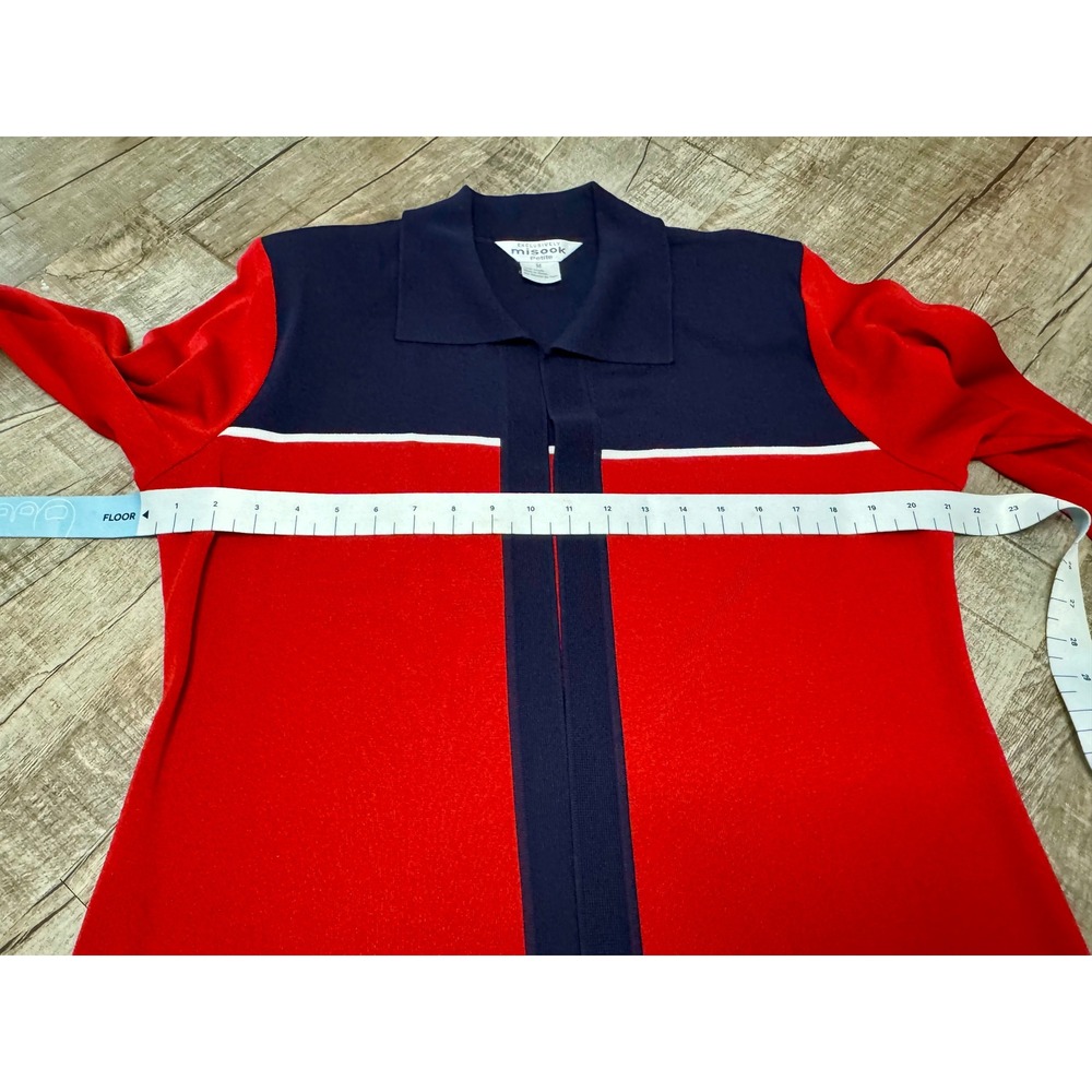 Misook Petite Colorblock Cardigan Navy Blue Red White Open Front Knit Sweater M - Picture 9 of 10
